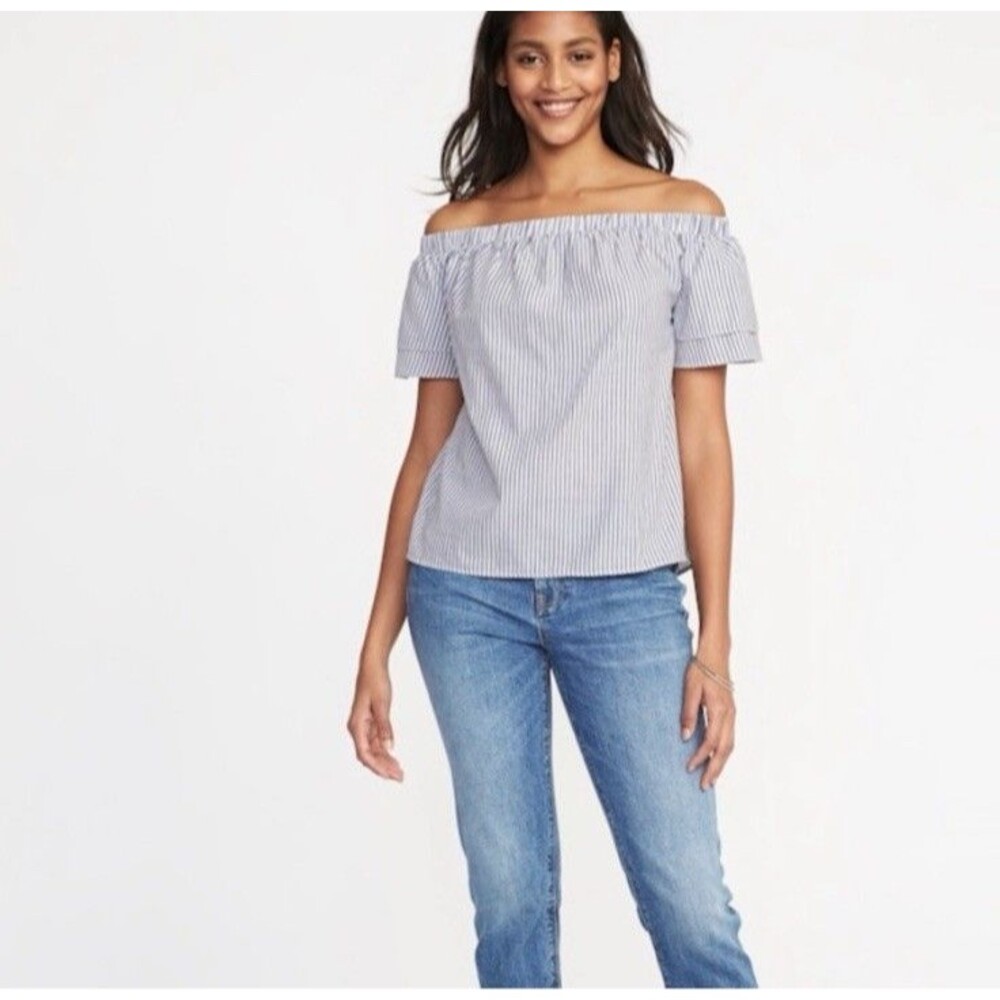 Old Navy Women's 1X Blue White Striped Off Shoulder Cotton Top Coastal Boho - Picture 9 of 15